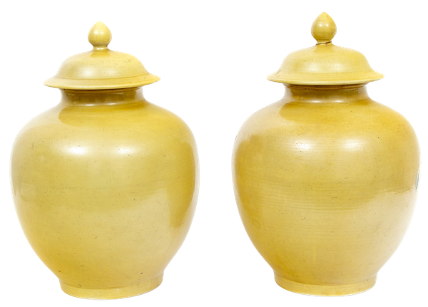 A pair of beautifully shaped Chinese mustard glaze porcelain temple jars with lids